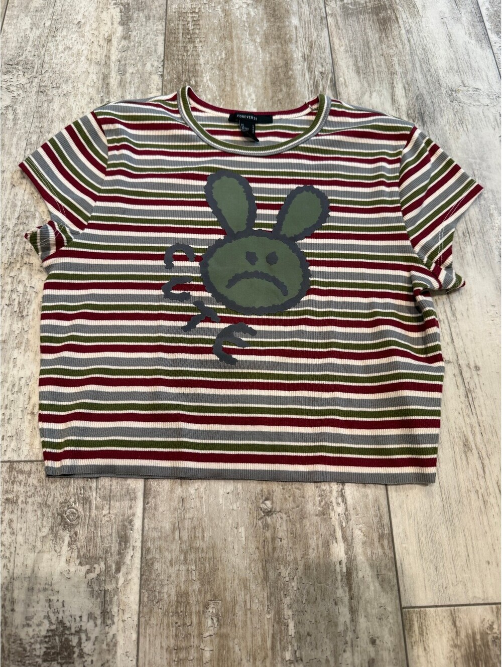 Forever 21 L Sad Bunny Striped Tee Y2K Indie Sleaze Grunge